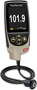 PosiTector 200 ultrasonic coating-thickness gauge and cabled probe.